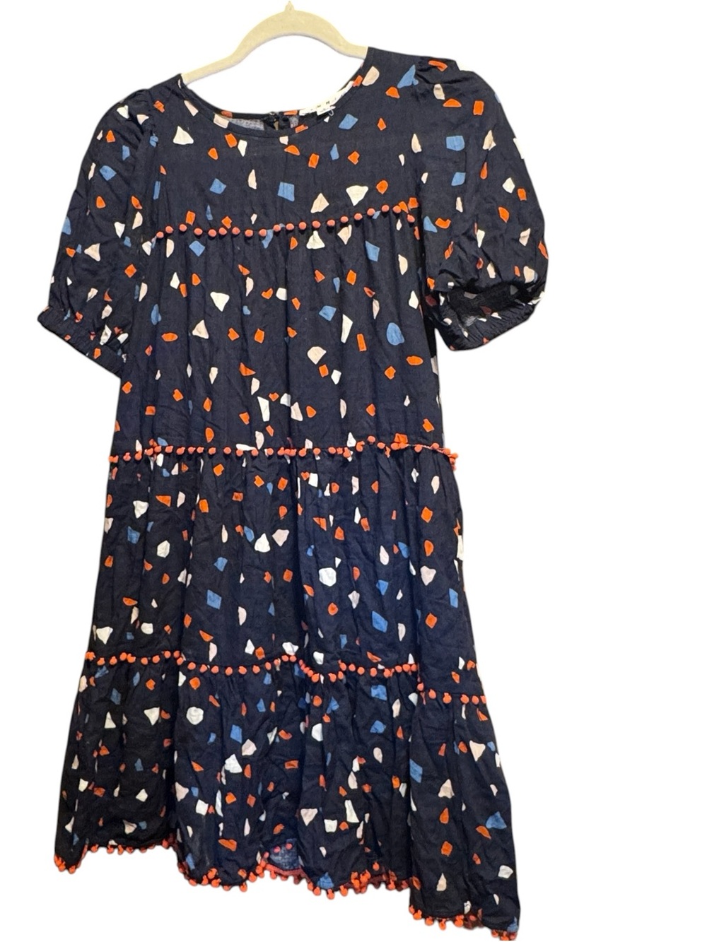 THML Navy Pom-Trim Tiered Dress with Orange & Blue Shapes colorful boho flowy sm